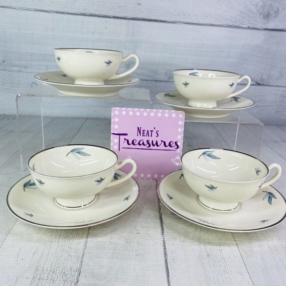 MCM Syracuse China CELESTE Blue Leaves White Platinum Trim Cups Saucers Set of 4 - Picture 1 of 16